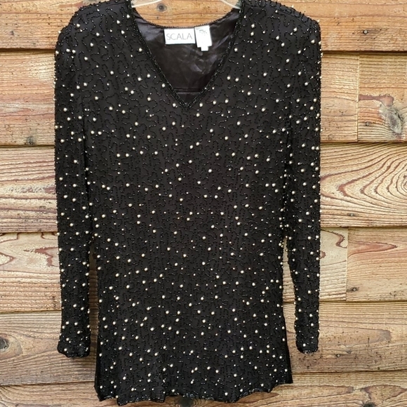 Vintage Scala silk bugle beaded tunic L Holiday - Picture 1 of 6